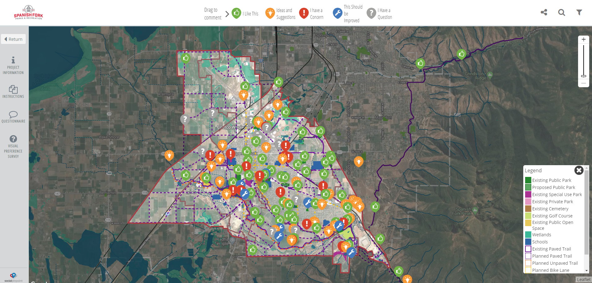 Screenshot of parks plan interactive map with suggestions dots